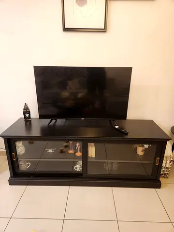 Solid Wood TV Cabinet with Sliding Glass Doors - Dark Finish