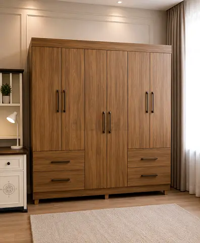 Large Wooden 6-Door Wardrobe with Drawers