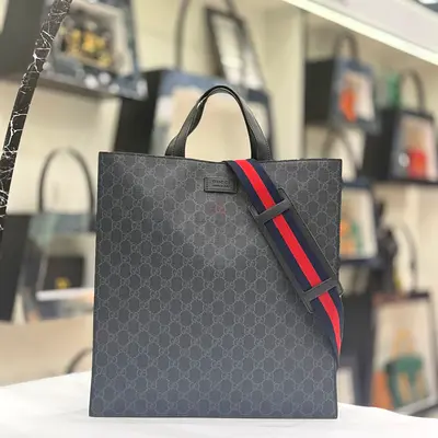 Gucci Black GG Supreme Tote with Web Strap