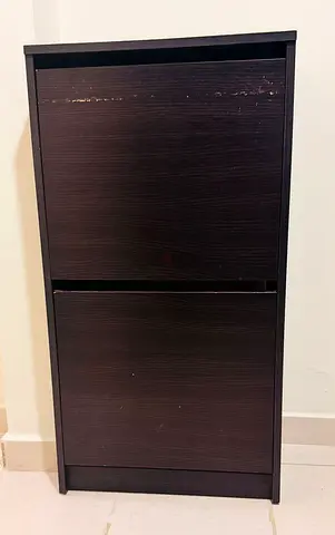 Dark wood 2-tier shoe cabinet with flip doors - good functional condition