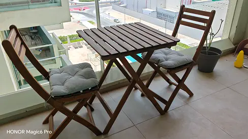 Wooden Folding Balcony Bistro Set — Table + 2 Chairs with Cushions
