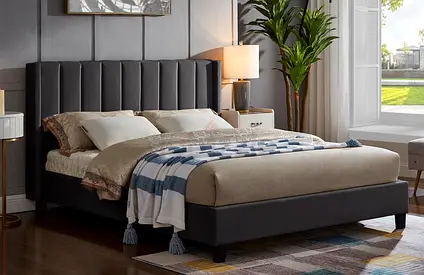 Queen size upholstered platform bed with padded headboard - dark grey