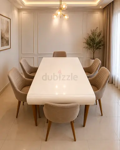 Modern White Dining Set with 6 Taupe Chairs