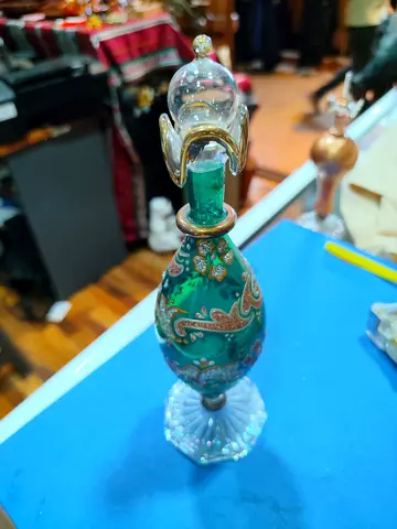 Handmade Egyptian-style Glass Perfume Bottle with Gold Accents 21cm