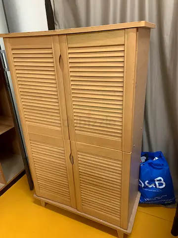 Light Wood Tall Wardrobe / Armoire with Louvered Doors - Good Condition
