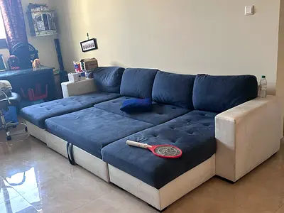 Large L-shaped 4-seater Sofa with Chaise - Blue Cushions, White Base