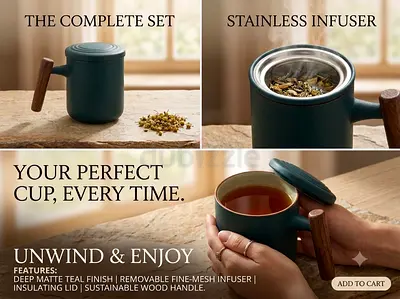 Ceramic Tea Infuser Mug with Wood Handle and Stainless Steeper - Teal