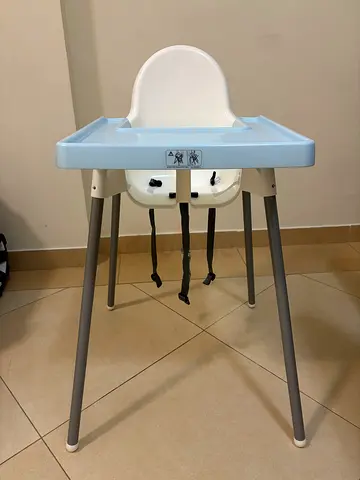 IKEA baby high chair with tray — light blue and seat cover