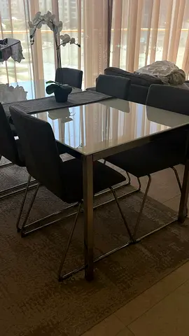 6-seater Glass Top Dining Table with Grey Fabric Chairs
