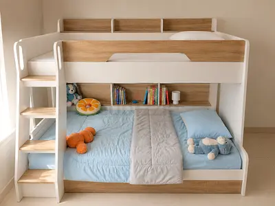 Wooden White  Oak Bunk Bed with Built-in Shelves and drawer - Good Condition