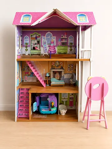 Wooden 3-Storey Dollhouse with Furniture and Accessories