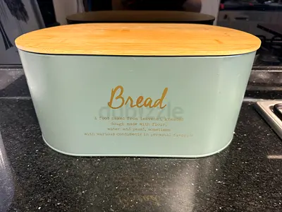 Mint Green Bread Box with Bamboo Lid - Good Condition