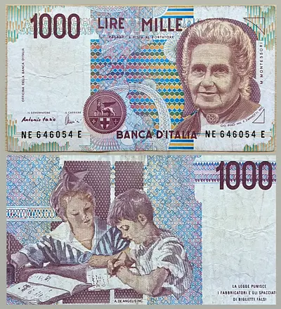 Italian 1000 Lire banknote from the 1990-1998 series.