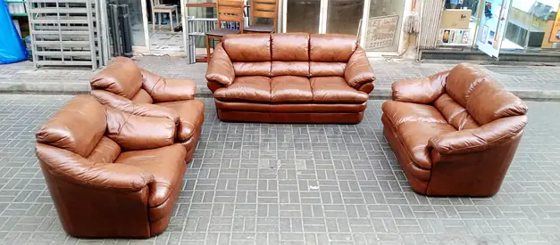 Genuine brown leather 3-piece sofa set — 3-seater + 2 armchairs