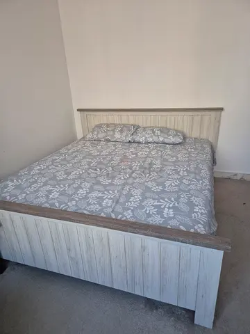 Whitewashed Wooden King Size Bed Frame with IKEA Mattress