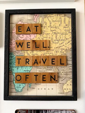 Framed Vintage Map Wall Art with Eat Well Travel Often Scrabble Tiles