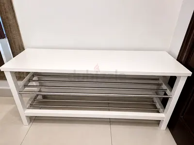 White Wooden Shoe Rack Bench with Metal Rails - Good Condition