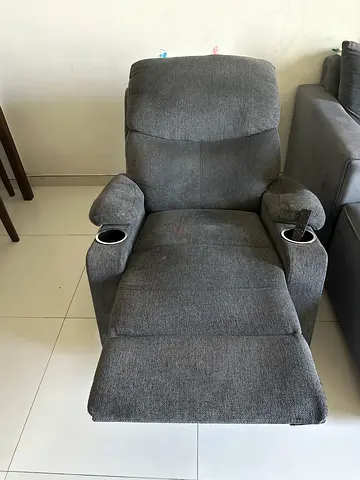 Grey Fabric Recliner Armchair with Cup Holders - Good Condition