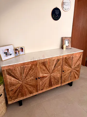 Solid Natural Wood Sideboard with Marble Top - 3 Door Cabinet