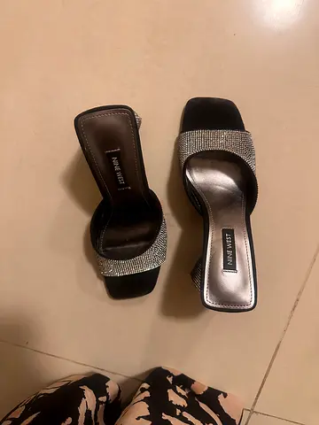 Nine West black sparkly slip-on heels with rhinestone strap, size 6 1/2
