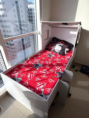White kids single bed with storage and mattress