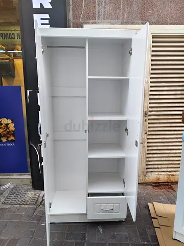 White 2-Door Wardrobe with Shelves and Drawer New For Sale