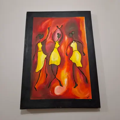 Original Acrylic Painting of Three Figures in Yellow Dresses