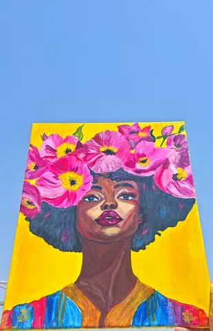 Original hand acrylic portrait painting of woman with floral headdress on yellow background