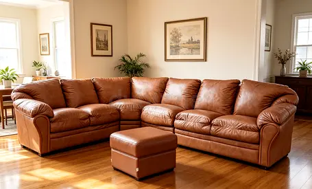 Large Brown Leather Corner Sofa with Ottoman - Comfortable Sectional