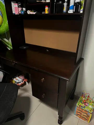 Solid dark wood writing desk with hutch and drawers