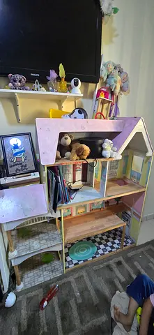 Wooden Dollhouse with Furniture and Accessories - Good Used Condition