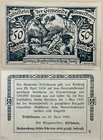 1920 50 Heller Notgeld (emergency currency) banknote