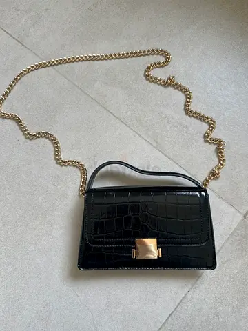 Black Croc-Embossed Mini Shoulder Bag with Gold Chain