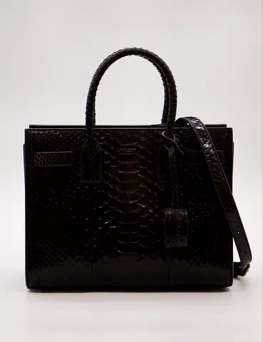 Black Genuine Python Leather Structured Tote Bag with Strap