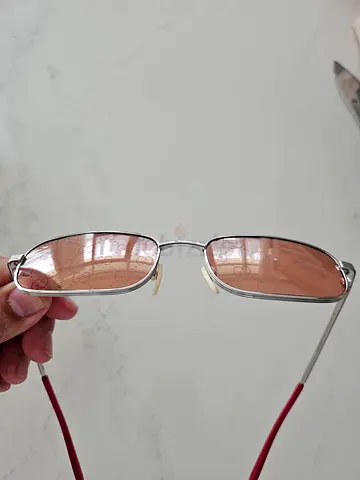 Gucci Lightweight Rectangular Sunglasses with Pink Lenses and Red Temples