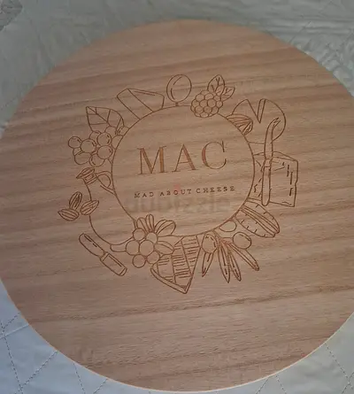 Round Wooden Cheese Board - MAC (Mad About Cheese) Engraved, Diameter 24 cm