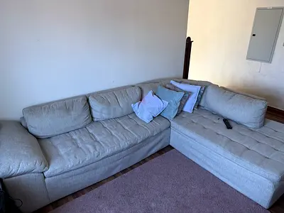 Bought for 11,000 from the One         Light grey L-shaped fabric sectional sofa - good condition