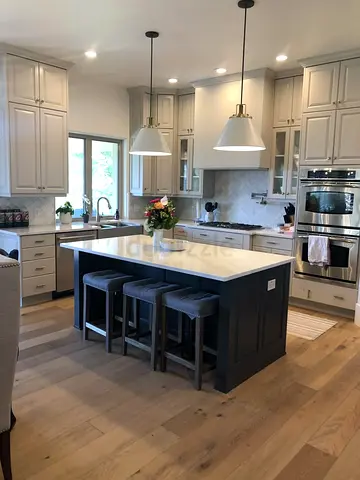 Modern kitchen island with stools and pendant lights (set)