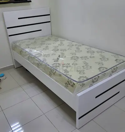Single White Wooden Bed with Mattress - Good Condition