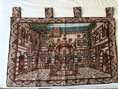 Wall Hanging Tapestry - Courtyard Scene, Brown Beige, 5 Loop Tabs handmade
