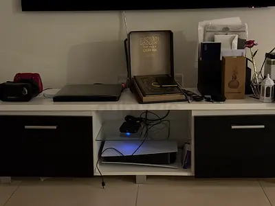 White TV Console/Entertainment Unit with Black Drawers - Good Condition