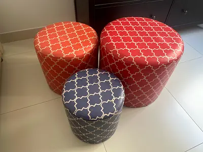 Set of 3 Round Upholstered Ottomans / Stools - Blue, Orange, Red