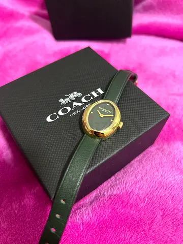 Coach Ladies Green Leather Strap Watch - Gold Tone Case