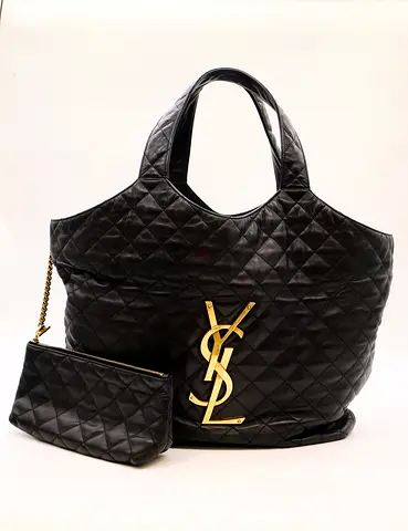 Black quilted YSL tote bag with matching pouch - large shoulder bag
