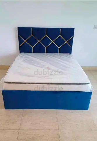 New Queen size Blue Velvet Bed with Storage and Geometric Headboard and Mattress