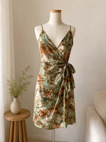 Lightweight V-neck Wrap Dress with Green  Brown Watercolor Print - Size Unknown