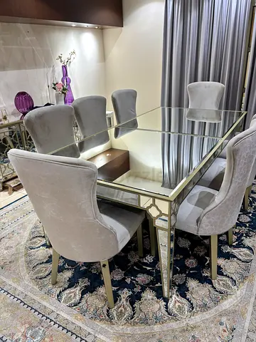 Glass Top Dining Table with 6 grey Chairs - Gold Frame