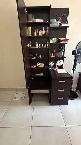 Dark brown wooden shelving cabinet / dressing table with drawers and open cubbies - good condition