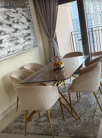 Modern Glass Dining Table with 6 Upholstered Chairs - Light Beige  Gold