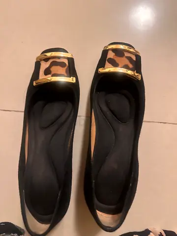 Black ballet flats with leopard print and gold buckle - gently used